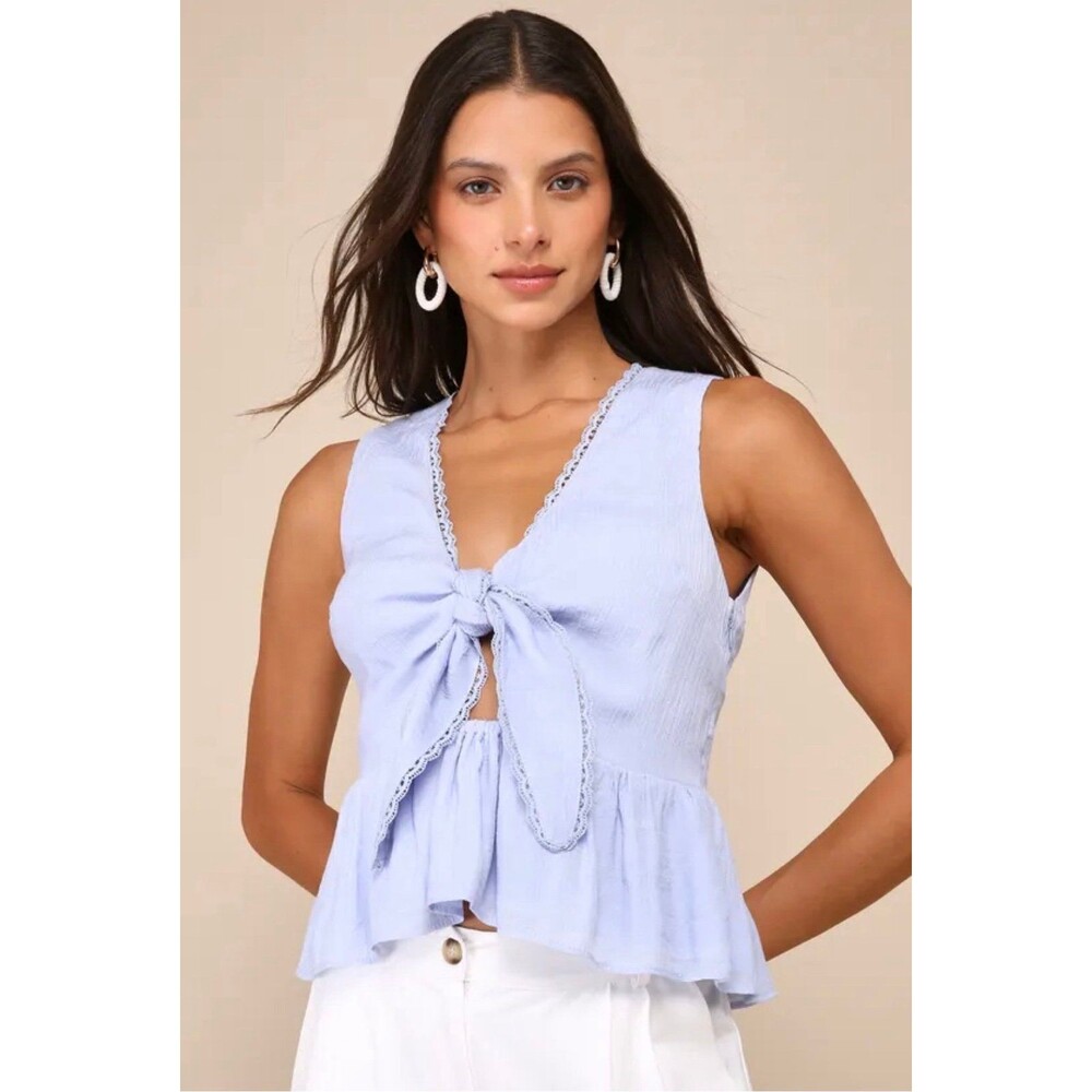 Lulus Admirable Cutie Light Blue Tie-Front Ruffled Sleeveless Top XL NWT